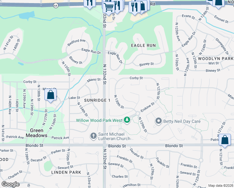 map of restaurants, bars, coffee shops, grocery stores, and more near 2628 North 130th Street in Omaha