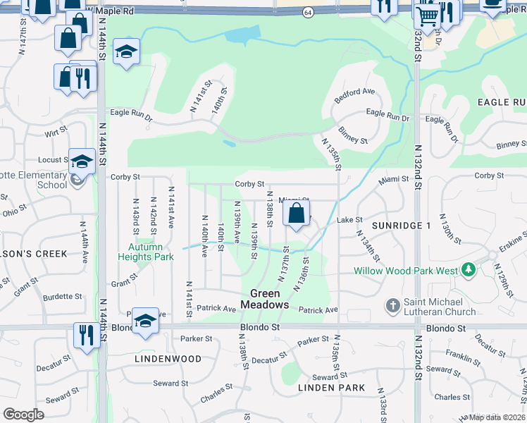 map of restaurants, bars, coffee shops, grocery stores, and more near 2616 North 138th Street in Omaha