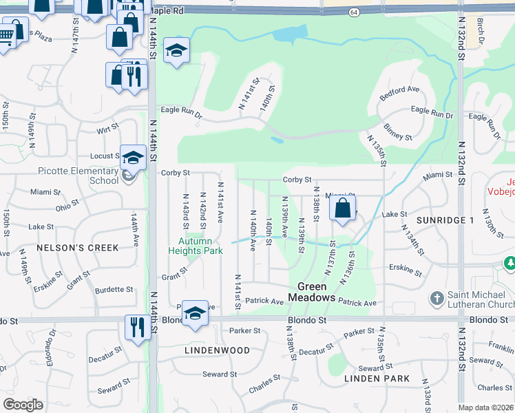 map of restaurants, bars, coffee shops, grocery stores, and more near 2626 140th Street in Omaha