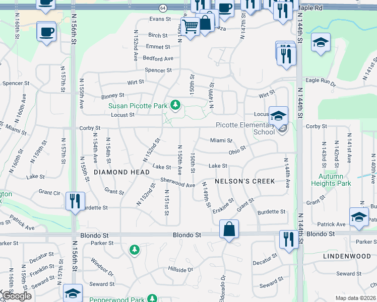 map of restaurants, bars, coffee shops, grocery stores, and more near 2607 North 150th Avenue in Omaha