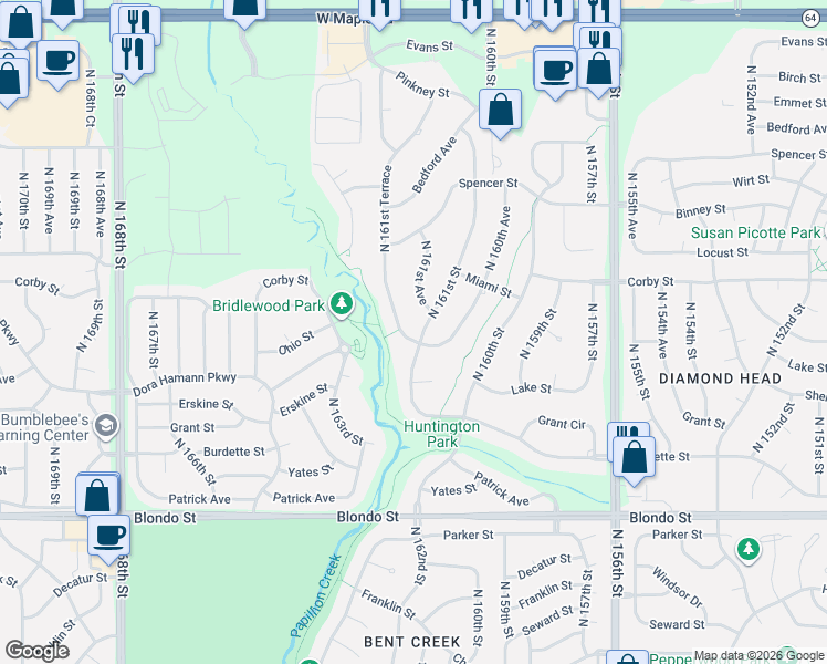 map of restaurants, bars, coffee shops, grocery stores, and more near 2606 North 161st Terrace in Omaha