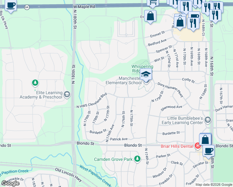 map of restaurants, bars, coffee shops, grocery stores, and more near 2676 North HWS Cleveland Boulevard in Omaha
