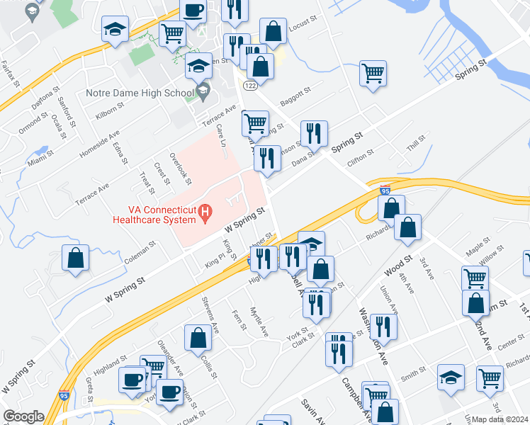 map of restaurants, bars, coffee shops, grocery stores, and more near 8 West Spring Street in West Haven