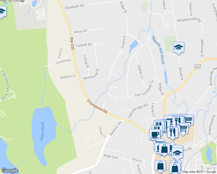 map of restaurants, bars, coffee shops, grocery stores, and more near 2169 Pondfield Court in Yorktown Heights