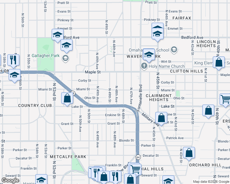 map of restaurants, bars, coffee shops, grocery stores, and more near 2552 North 48th Avenue in Omaha
