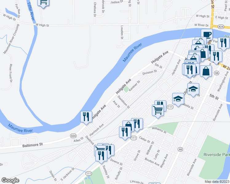 map of restaurants, bars, coffee shops, grocery stores, and more near 866 Holgate Avenue in Defiance