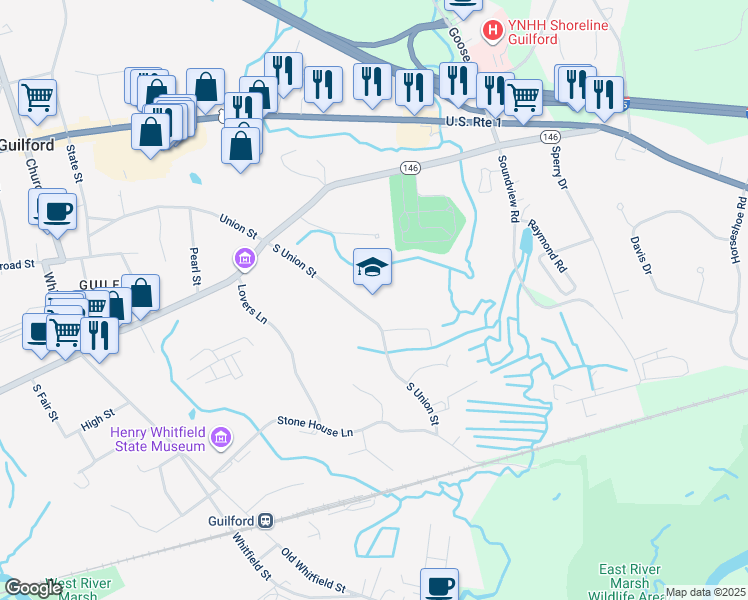 map of restaurants, bars, coffee shops, grocery stores, and more near 280 South Union Street in Guilford