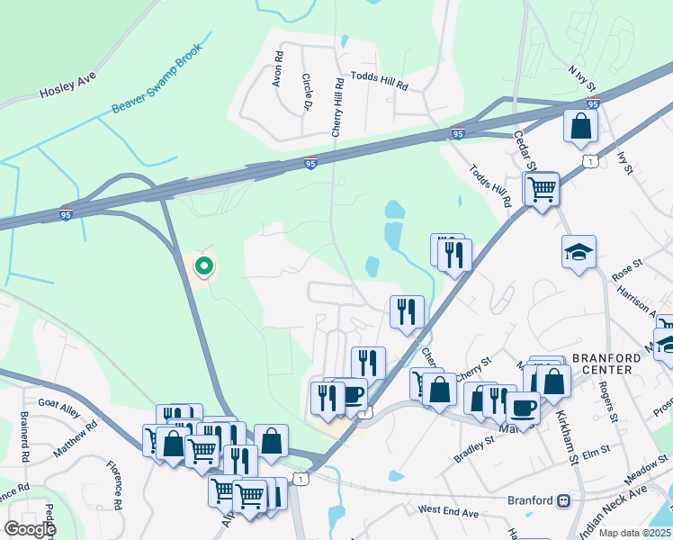 map of restaurants, bars, coffee shops, grocery stores, and more near 88 Cherry Hill Road in Branford