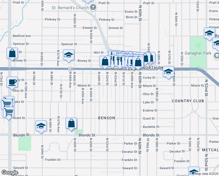 map of restaurants, bars, coffee shops, grocery stores, and more near 2543 North 63rd Street in Omaha