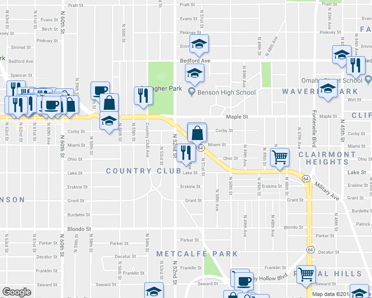 map of restaurants, bars, coffee shops, grocery stores, and more near 2620 North 51st Avenue in Omaha