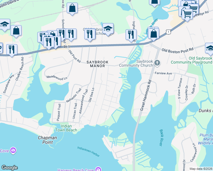 map of restaurants, bars, coffee shops, grocery stores, and more near 40 Middletown Avenue in Old Saybrook