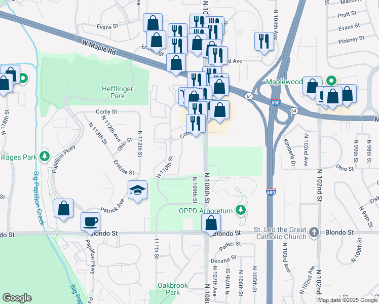 map of restaurants, bars, coffee shops, grocery stores, and more near 2618 North 109th Court in Omaha