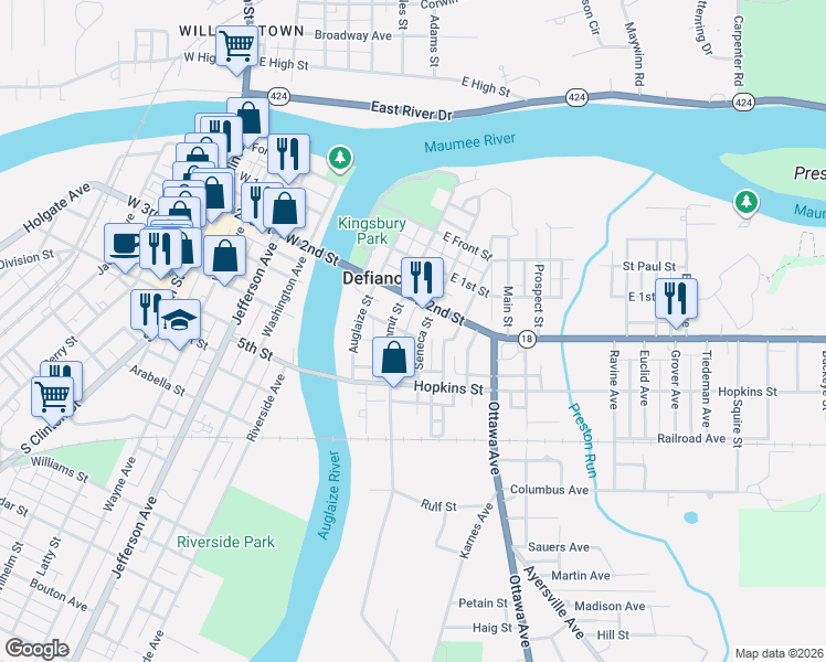 map of restaurants, bars, coffee shops, grocery stores, and more near 314 Seneca Street in Defiance