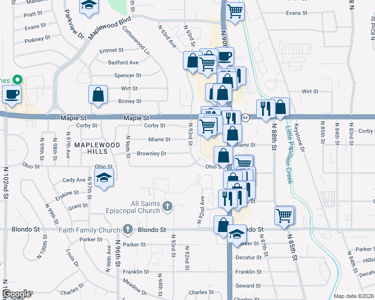 map of restaurants, bars, coffee shops, grocery stores, and more near 2655 North 93rd Street in Omaha