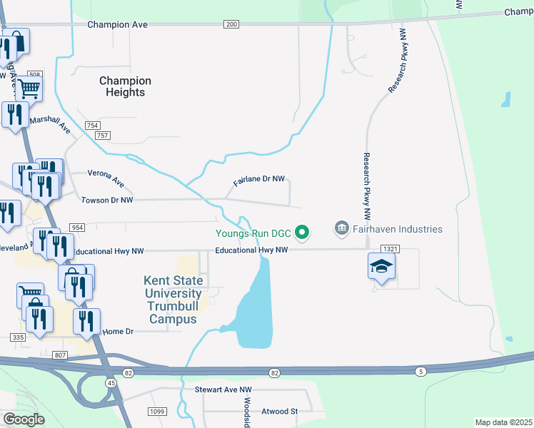 map of restaurants, bars, coffee shops, grocery stores, and more near 526 Towson Dr NW in Warren