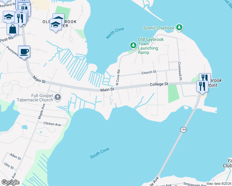 map of restaurants, bars, coffee shops, grocery stores, and more near 5B South Cove Road II in Old Saybrook