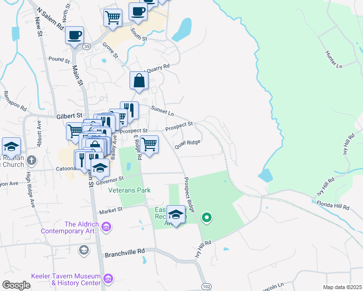 map of restaurants, bars, coffee shops, grocery stores, and more near 33 Quail Ridge in Ridgefield
