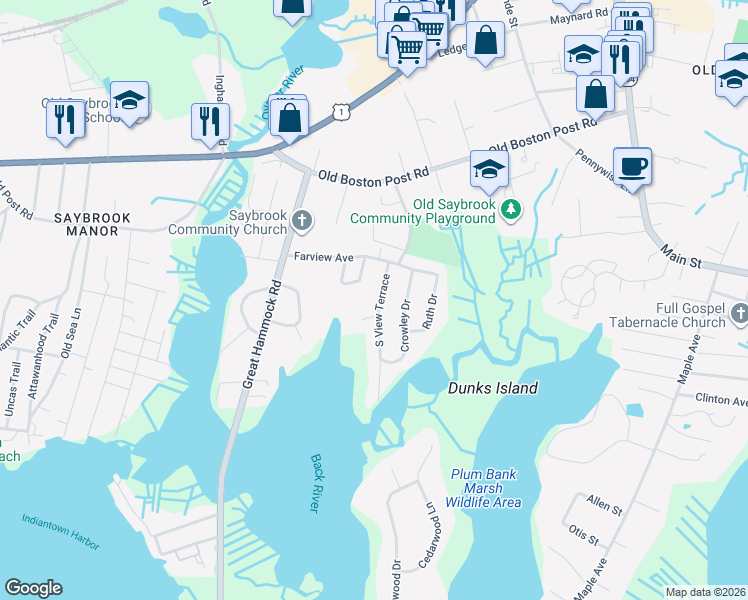 map of restaurants, bars, coffee shops, grocery stores, and more near 9 South View Terrace in Old Saybrook