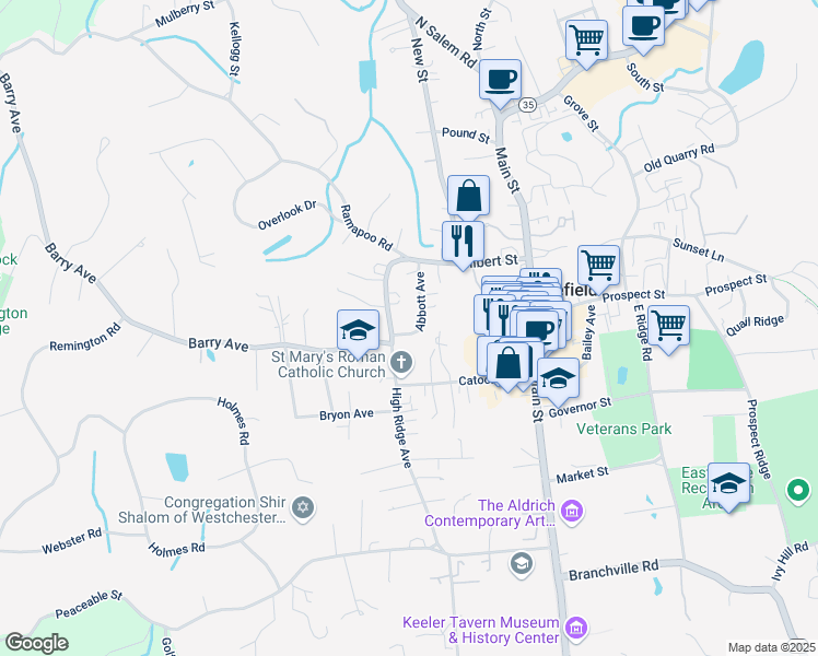 map of restaurants, bars, coffee shops, grocery stores, and more near 32 Abbott Avenue in Ridgefield