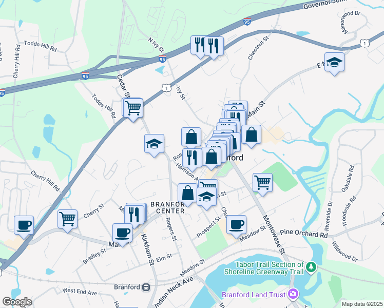 map of restaurants, bars, coffee shops, grocery stores, and more near 46 Park Place in Branford
