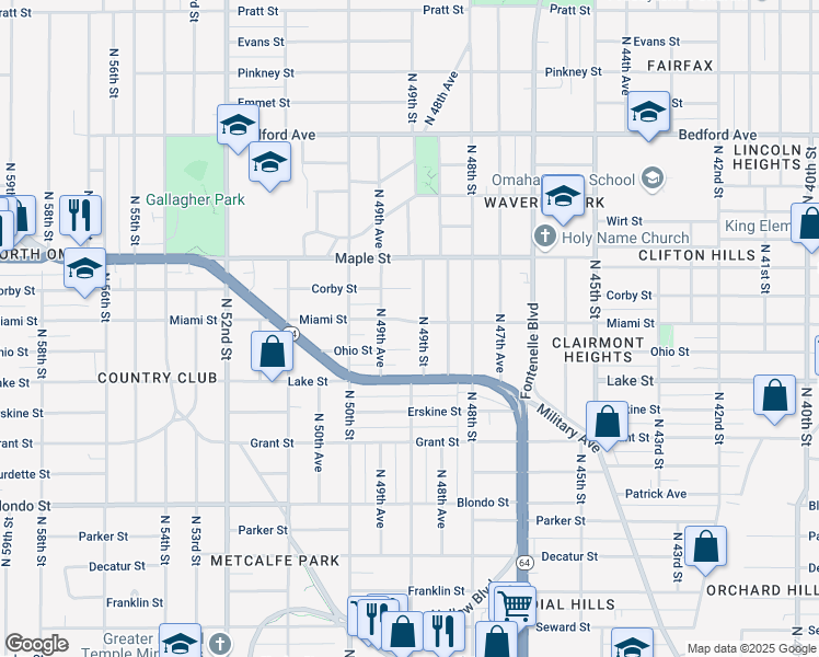 map of restaurants, bars, coffee shops, grocery stores, and more near 4915 Miami Street in Omaha