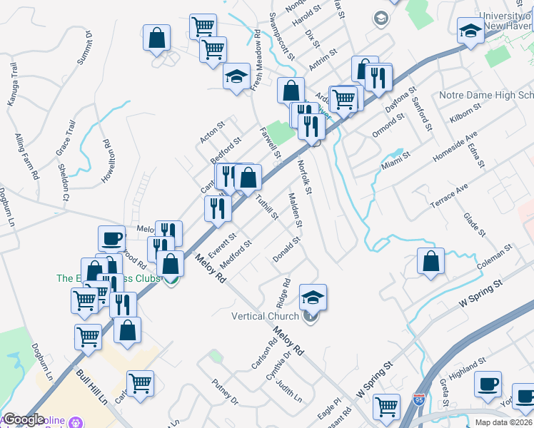 map of restaurants, bars, coffee shops, grocery stores, and more near 168 Tuthill Street in West Haven