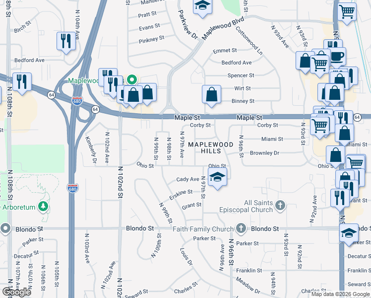 map of restaurants, bars, coffee shops, grocery stores, and more near 2629 North 97th Avenue in Omaha
