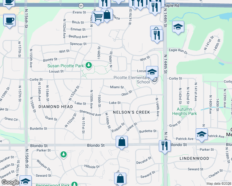 map of restaurants, bars, coffee shops, grocery stores, and more near 14712 Ohio Street in Omaha