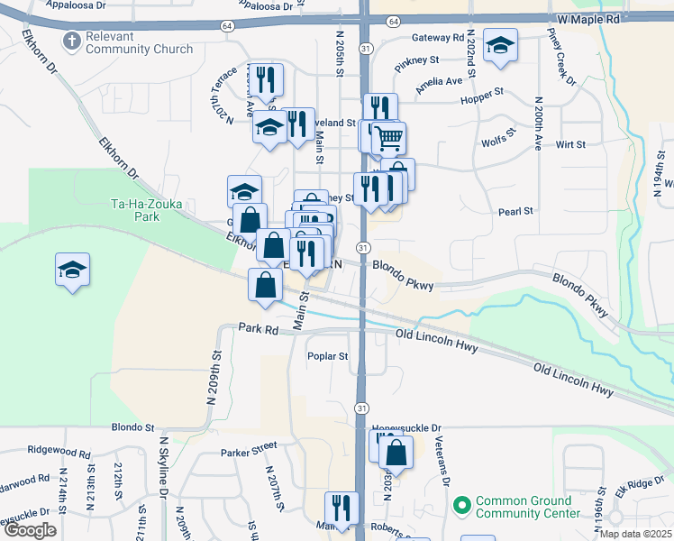 map of restaurants, bars, coffee shops, grocery stores, and more near 2627 North 205th Street in Omaha
