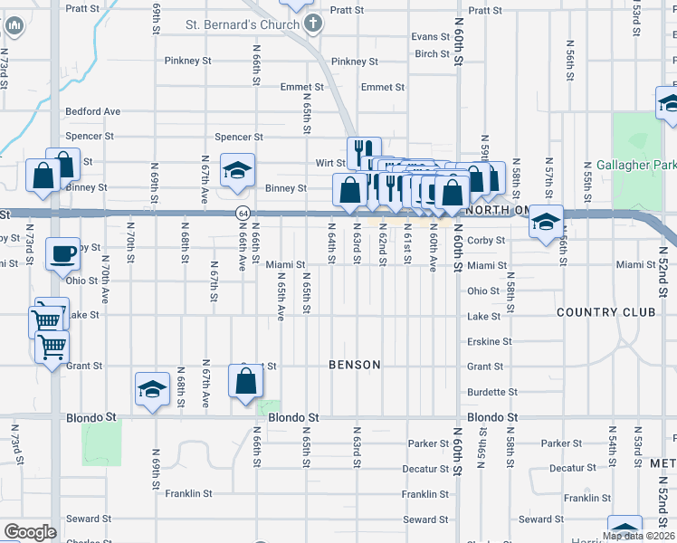 map of restaurants, bars, coffee shops, grocery stores, and more near 2543 North 64th Street in Omaha
