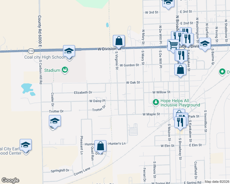 map of restaurants, bars, coffee shops, grocery stores, and more near 410 S Virginia St in Coal City