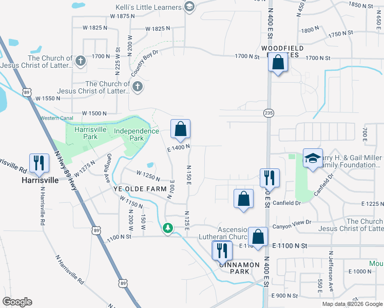 map of restaurants, bars, coffee shops, grocery stores, and more near 1382 North 150 East in Harrisville