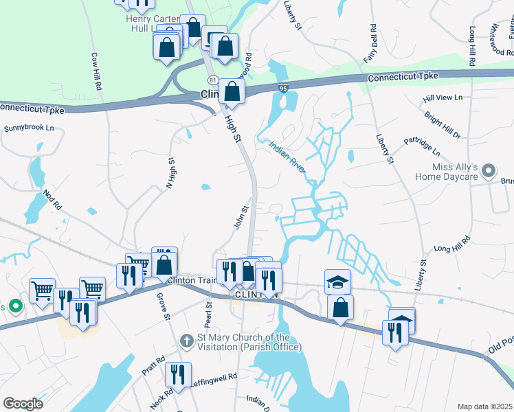 map of restaurants, bars, coffee shops, grocery stores, and more near 61 High Street in Clinton
