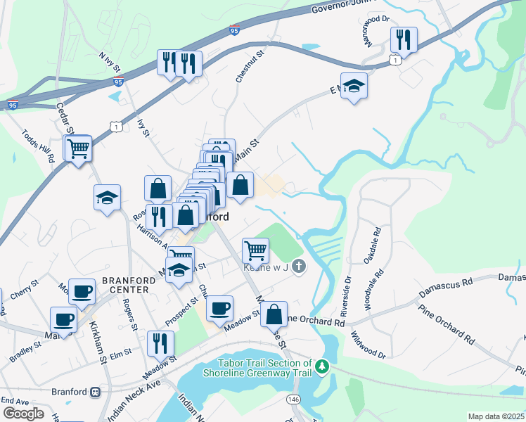 map of restaurants, bars, coffee shops, grocery stores, and more near 50 Bradley Avenue in Branford
