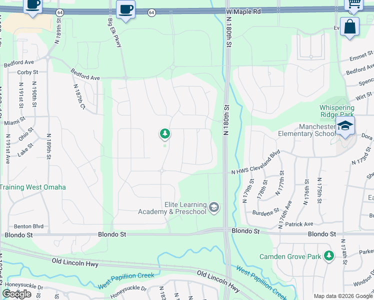 map of restaurants, bars, coffee shops, grocery stores, and more near 2350 North 180th Street in Omaha
