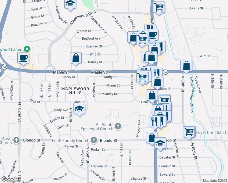 map of restaurants, bars, coffee shops, grocery stores, and more near 9360 Brownley Drive in Omaha