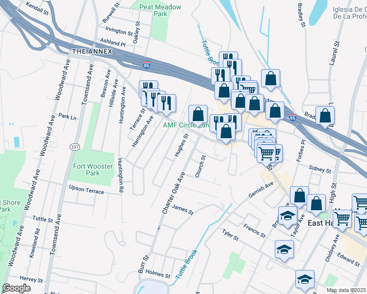 map of restaurants, bars, coffee shops, grocery stores, and more near 117 Hughes Street in East Haven