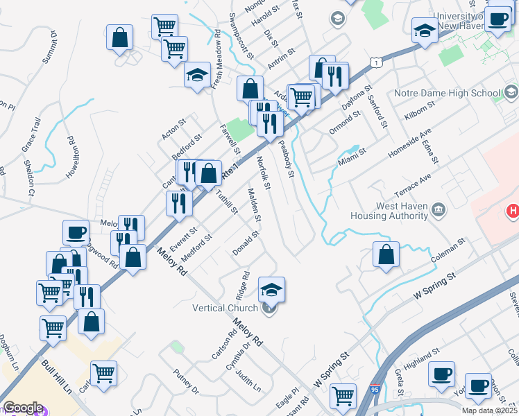 map of restaurants, bars, coffee shops, grocery stores, and more near 29 Malden Street in West Haven