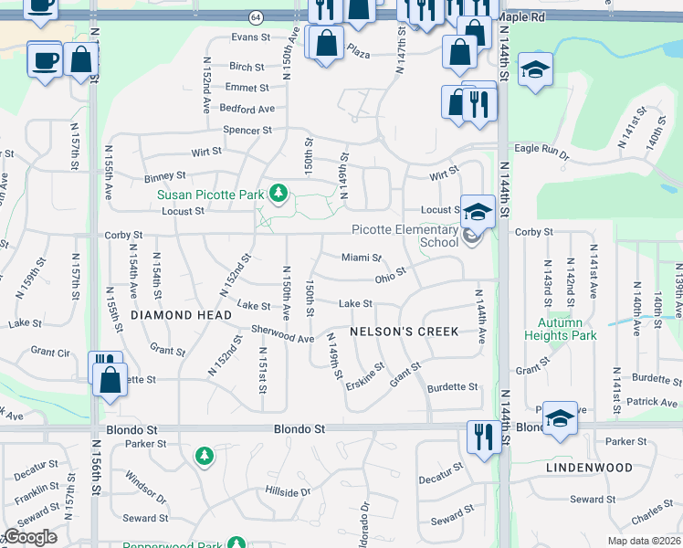 map of restaurants, bars, coffee shops, grocery stores, and more near 14908 Ohio Street in Omaha