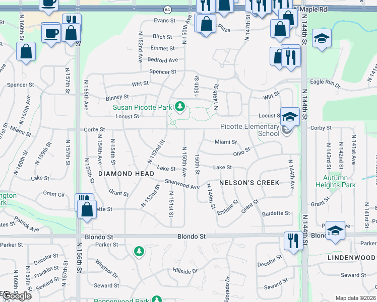map of restaurants, bars, coffee shops, grocery stores, and more near 2607 North 150th Avenue in Omaha