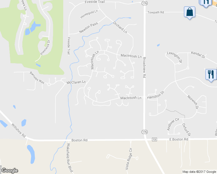 map of restaurants, bars, coffee shops, grocery stores, and more near 1470 Peppercorn Terrace in Broadview Heights