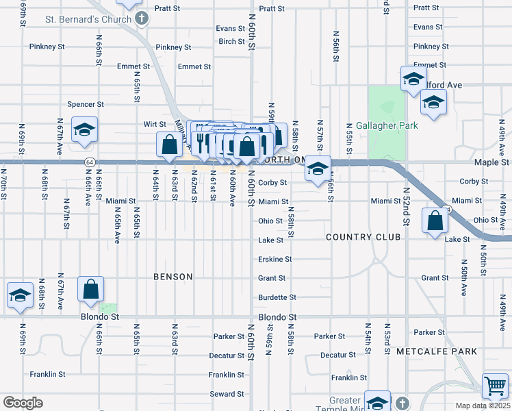 map of restaurants, bars, coffee shops, grocery stores, and more near 2623 N 60th St in Omaha