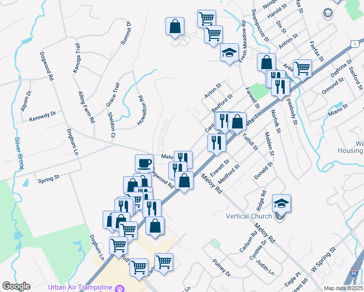 map of restaurants, bars, coffee shops, grocery stores, and more near 195 Canton Street in West Haven