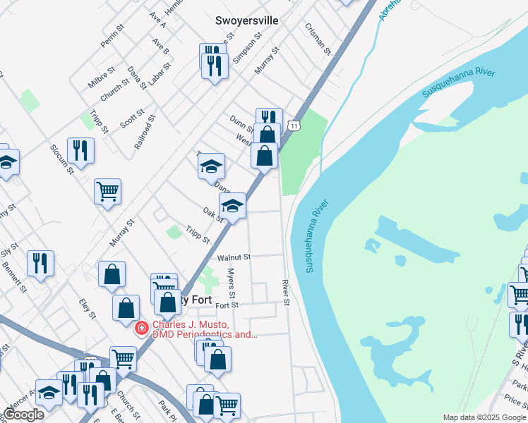 map of restaurants, bars, coffee shops, grocery stores, and more near 52-98 Ransom Street in Forty Fort