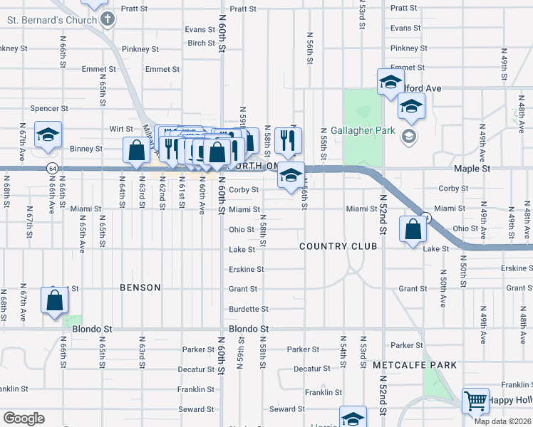 map of restaurants, bars, coffee shops, grocery stores, and more near 5639 Miami Street in Omaha