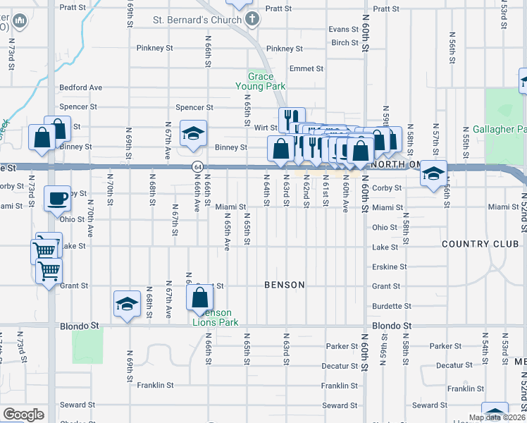 map of restaurants, bars, coffee shops, grocery stores, and more near 2543 North 64th Street in Omaha