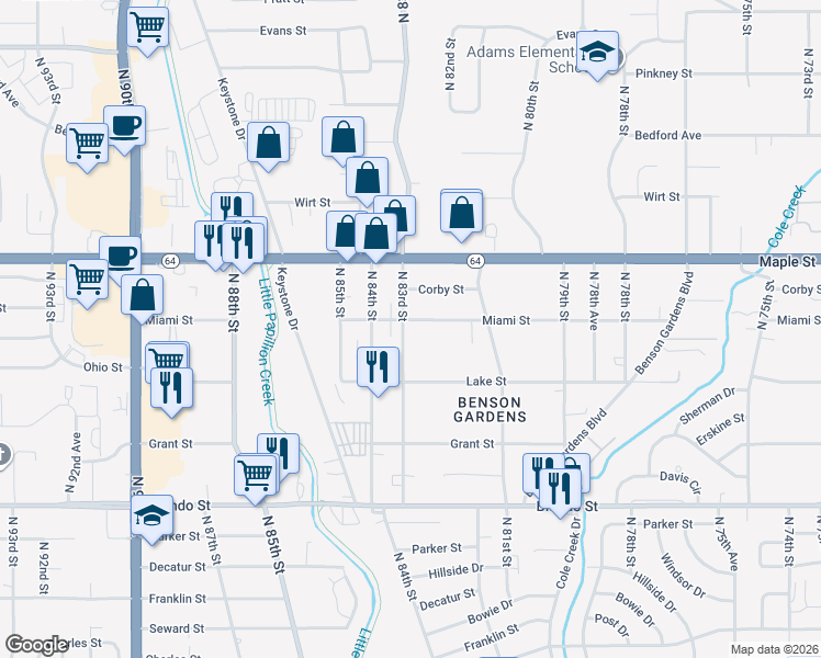 map of restaurants, bars, coffee shops, grocery stores, and more near 2545 North 83rd Street in Omaha