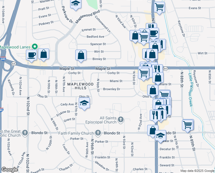 map of restaurants, bars, coffee shops, grocery stores, and more near 9430 Brownley Drive in Omaha