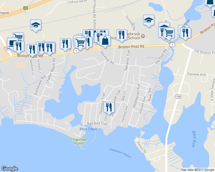 map of restaurants, bars, coffee shops, grocery stores, and more near 2 Owaneco Trail in Old Saybrook
