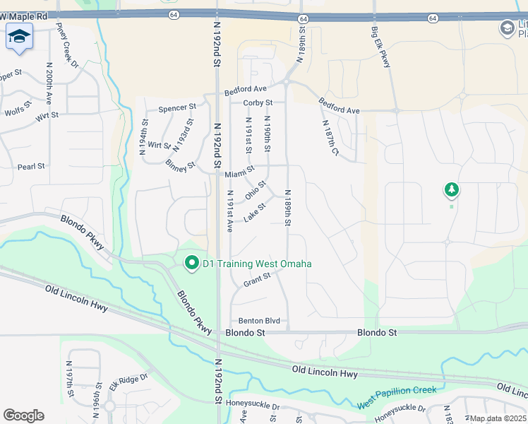 map of restaurants, bars, coffee shops, grocery stores, and more near 19019 Lake Street in Omaha